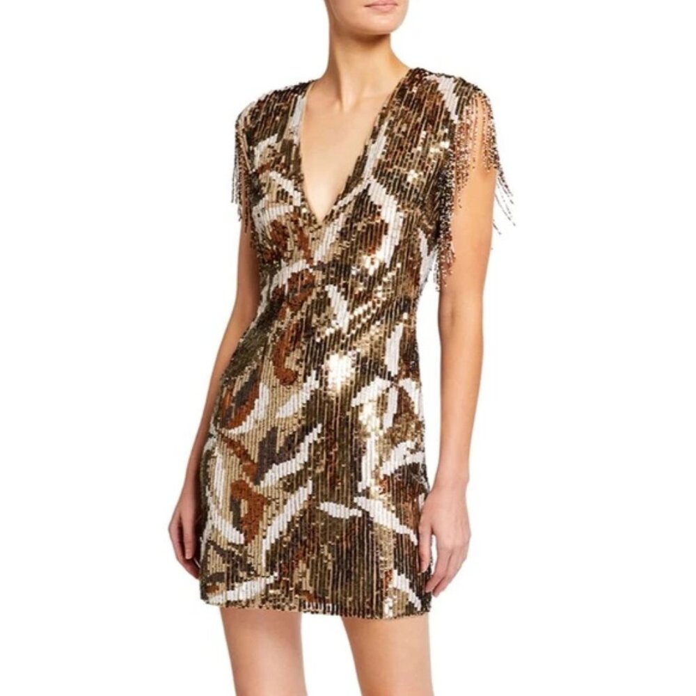 Jay Godfrey deep V neck gold shimmer beaded fringe sequin Mini dress sz 12